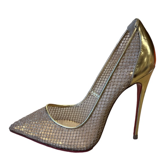 Christian Louboutin Follies Resille Glitter Fishnet High Heels Pumps Gold 8.5 - Picture 5 of 16